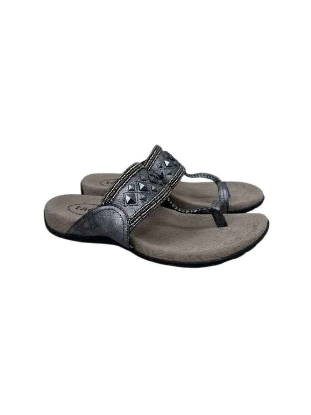 Taos Genie Sandals Pewter Metallic Leather Toe Loop Thong Shoes Studded Womens 9